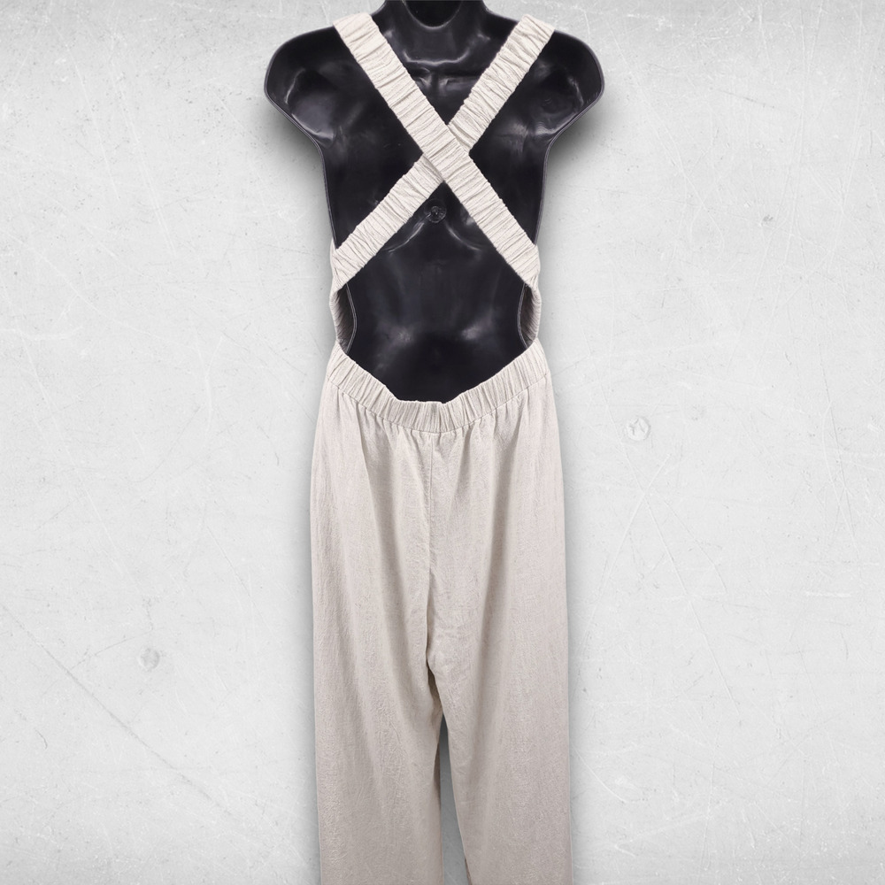 Hem & Thread Pant Jumpsuit Women M Beige Linen Blend Crossover Straps Boho 70s - Picture 12 of 12